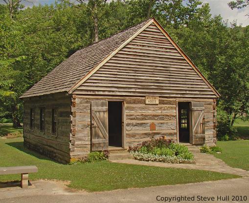 Old Log Meeting House in Springmill Pioneer Village in Indiana
